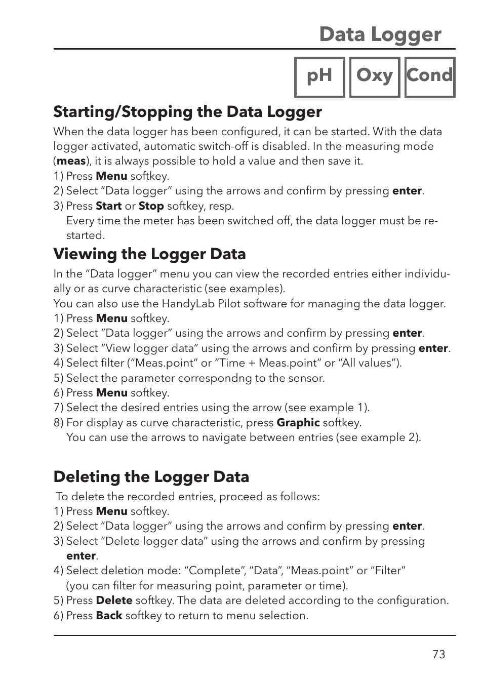 Data logger, Ph oxy cond, Viewing the logger data | Starting/ stopping the data logger, Deleting the logger data | Xylem HandyLab 780 User Manual | Page 73 / 164