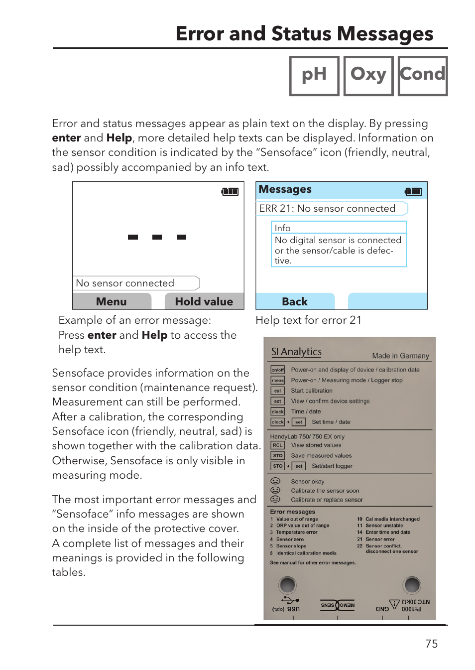 Error and status messages, Ph oxy cond | Xylem HandyLab 780 User Manual | Page 75 / 164