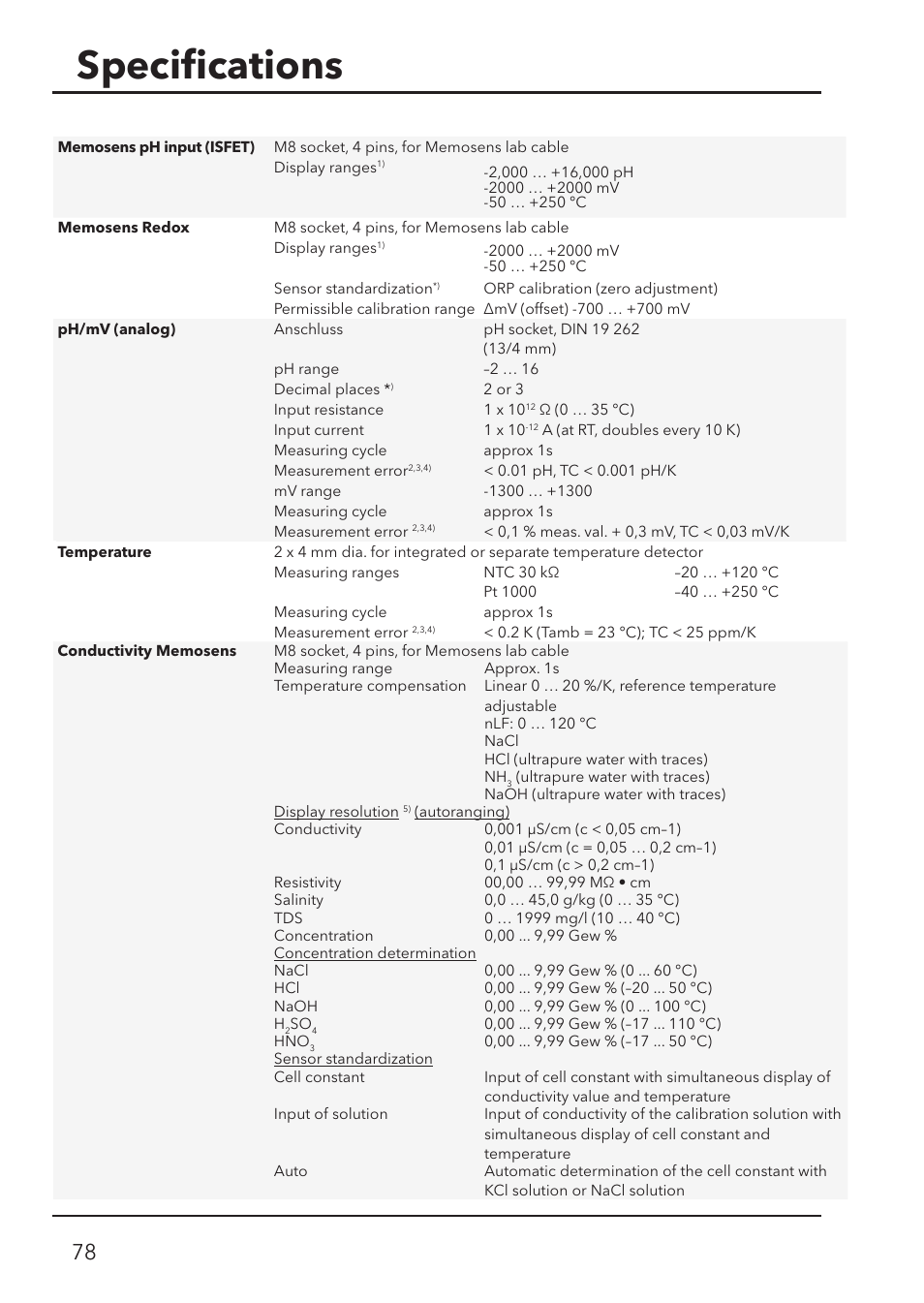 Speciﬁ cations | Xylem HandyLab 780 User Manual | Page 78 / 164