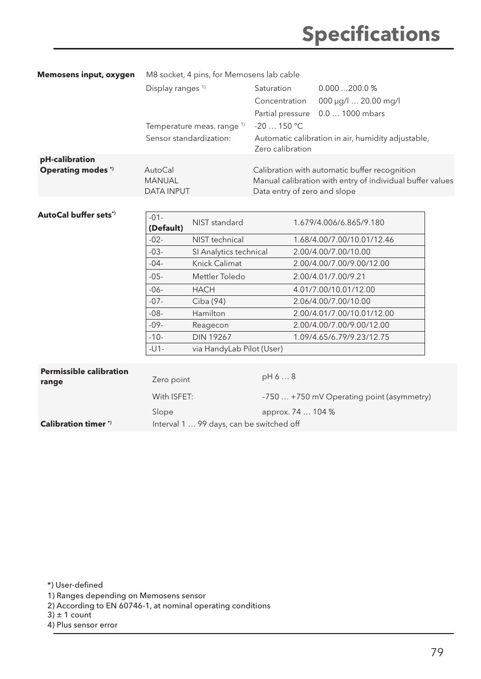 Speciﬁ cations | Xylem HandyLab 780 User Manual | Page 79 / 164