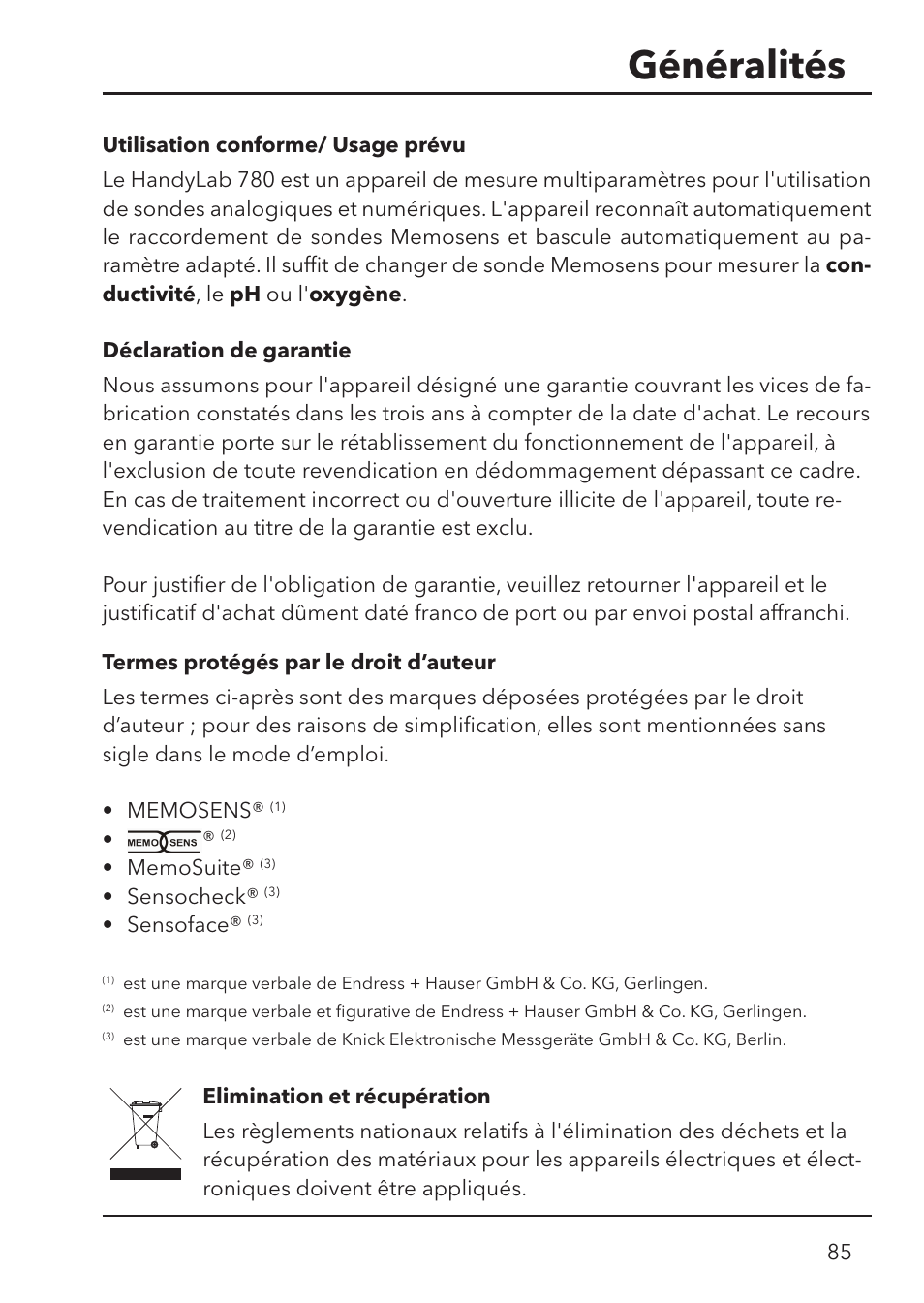 Généralités | Xylem HandyLab 780 User Manual | Page 85 / 164