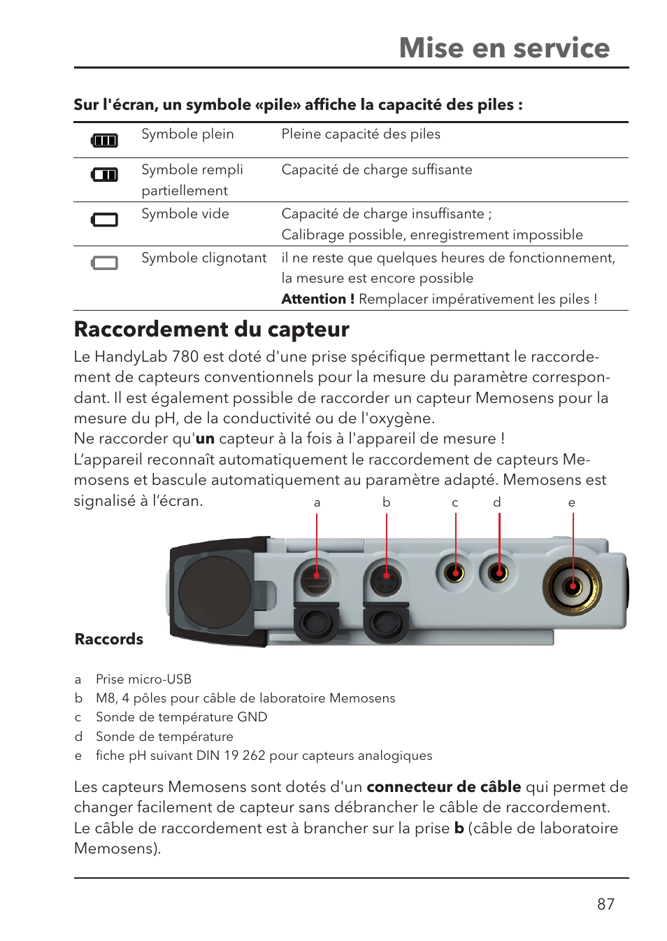 Mise en service, Raccordement du capteur | Xylem HandyLab 780 User Manual | Page 87 / 164