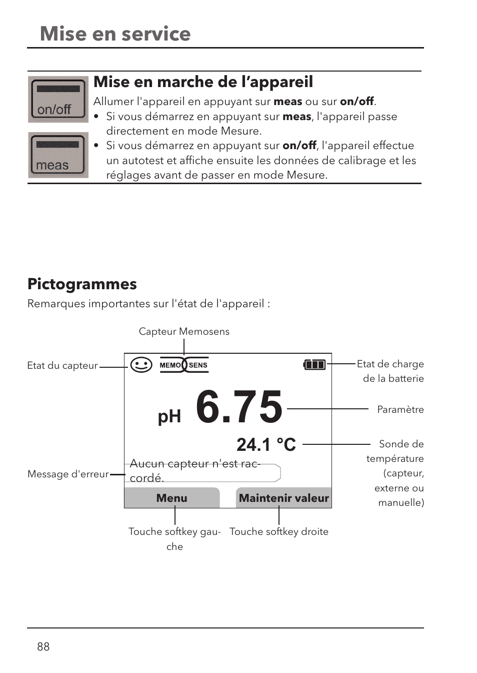 Mise en service, 1 °c ph, Mise en marche de l’ appareil | Pictogrammes | Xylem HandyLab 780 User Manual | Page 88 / 164