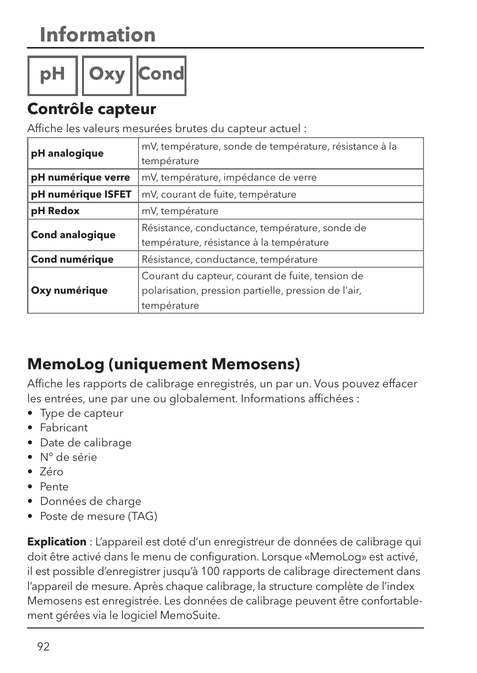 Information, Ph oxy cond, Contrôle capteur | Xylem HandyLab 780 User Manual | Page 92 / 164