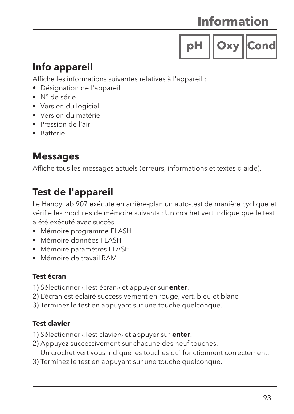 Information, Ph oxy cond, Messages | Info appareil, Test de l'appareil | Xylem HandyLab 780 User Manual | Page 93 / 164