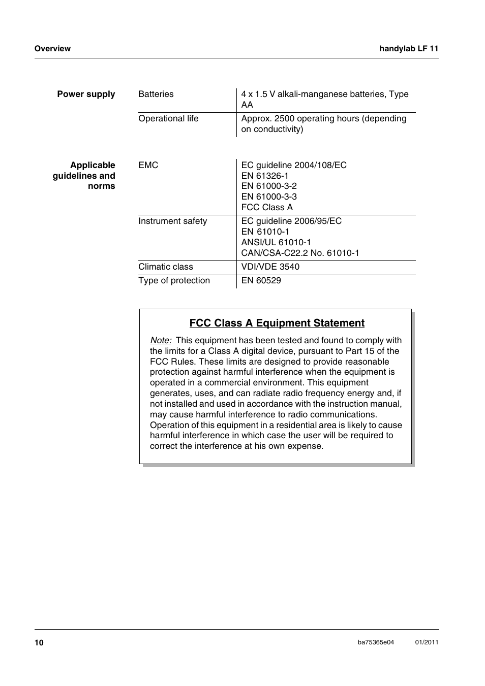 Fcc class a equipment statement | Xylem handylab LF 11 User Manual | Page 10 / 44