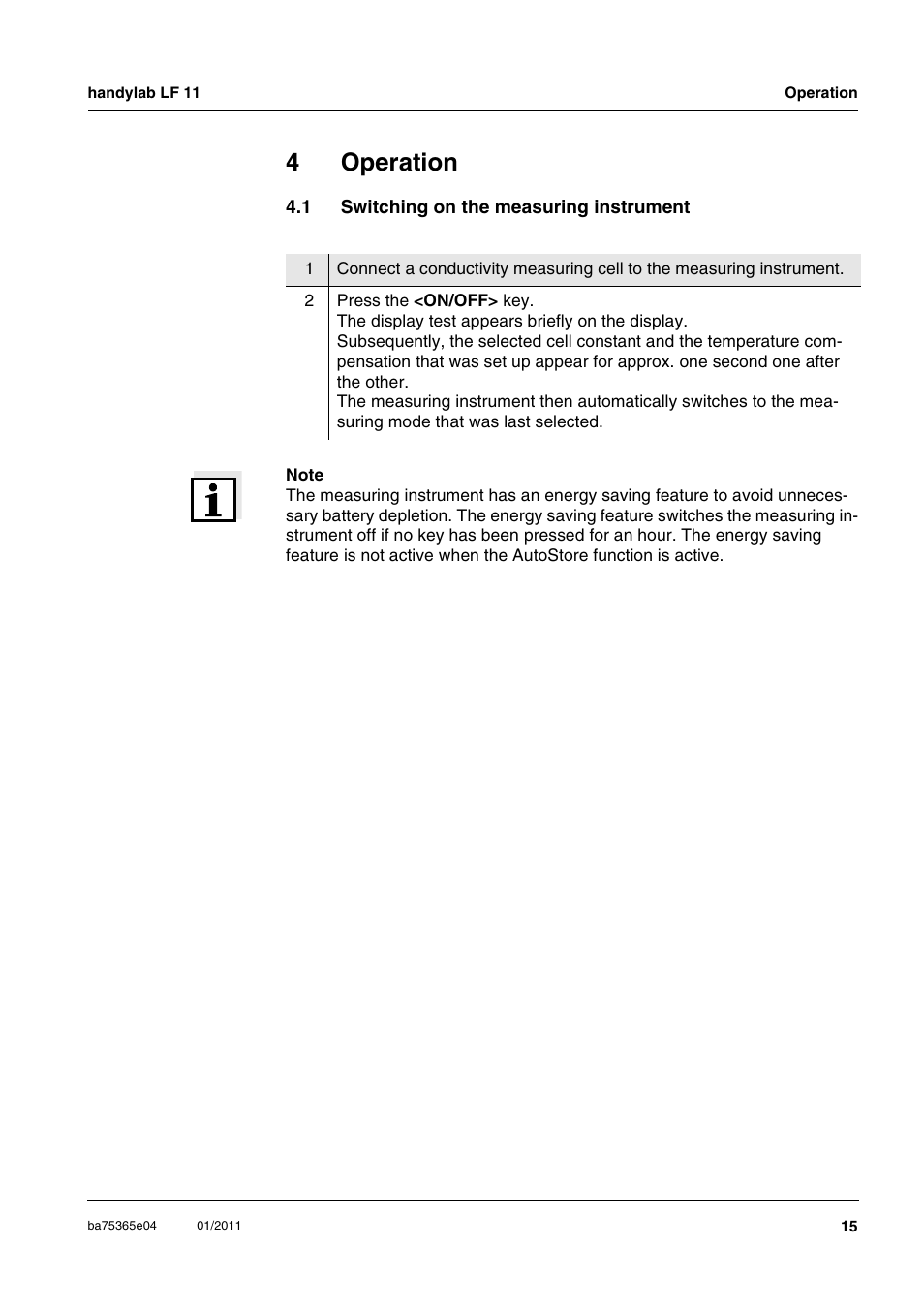 4 operation, 1 switching on the measuring instrument, Operation | Switching on the measuring instrument, 4operation | Xylem handylab LF 11 User Manual | Page 15 / 44