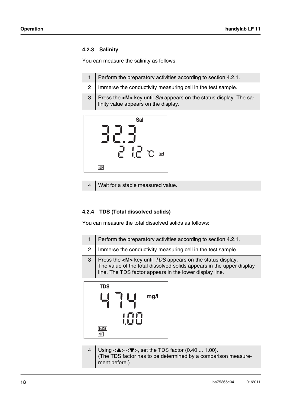 3 salinity, 4 tds (total dissolved solids), Salinity | Tds (total dissolved solids) | Xylem handylab LF 11 User Manual | Page 18 / 44