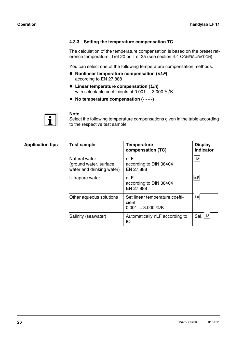 3 setting the temperature compensation tc, Setting the temperature compensation tc, Ee section 4.3.3 s | Etting, Temperature, Compensation | Xylem handylab LF 11 User Manual | Page 26 / 44