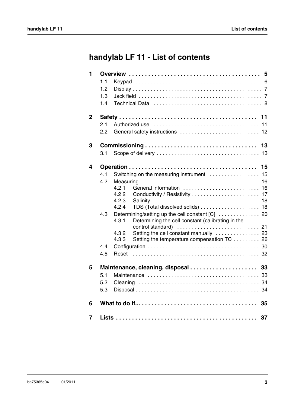 Handylab lf 11 - list of contents | Xylem handylab LF 11 User Manual | Page 3 / 44