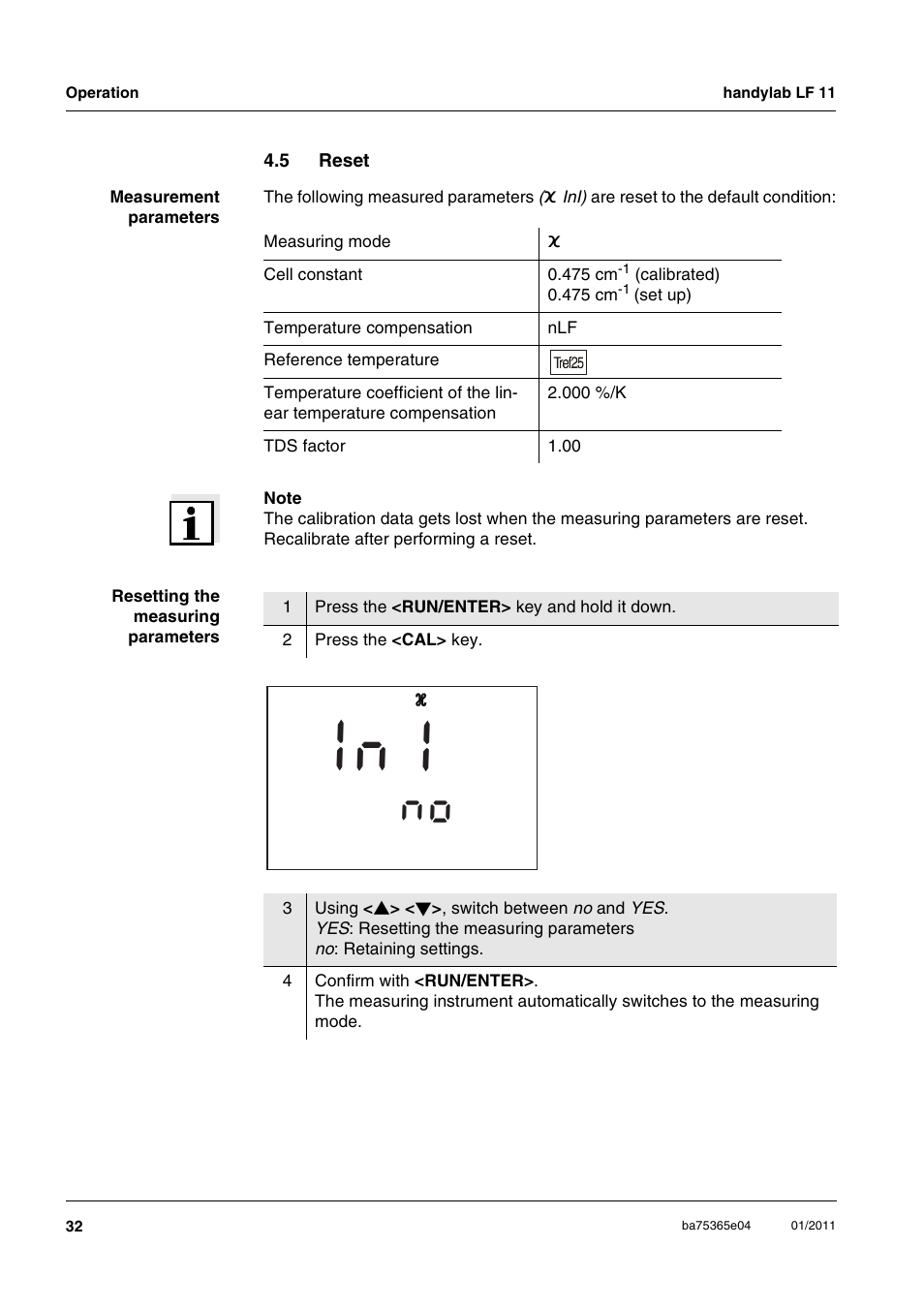 5 reset, Reset | Xylem handylab LF 11 User Manual | Page 32 / 44