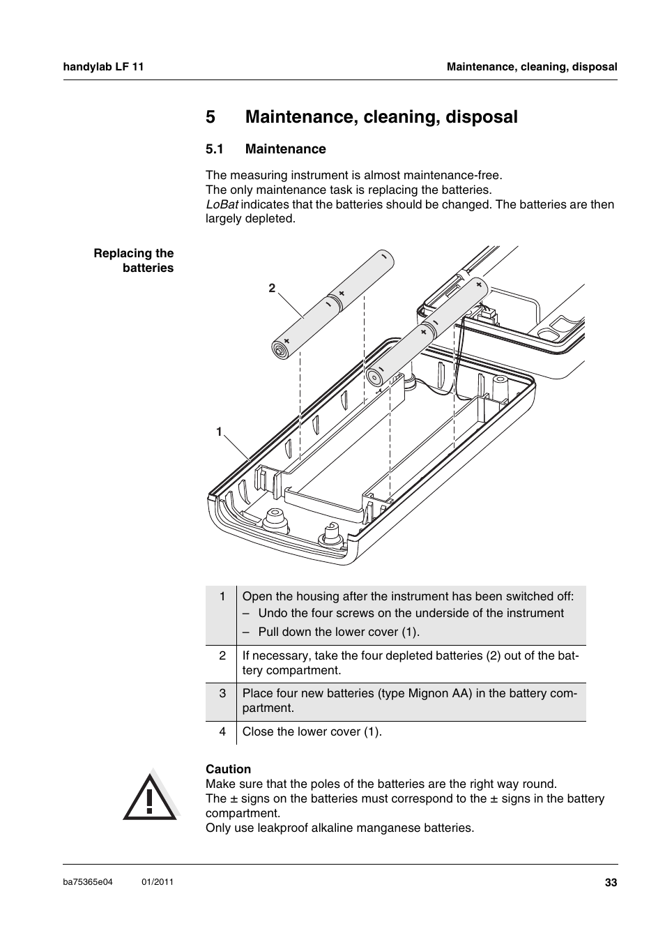 5 maintenance, cleaning, disposal, 1 maintenance, Maintenance, cleaning, disposal | Maintenance, 5maintenance, cleaning, disposal | Xylem handylab LF 11 User Manual | Page 33 / 44