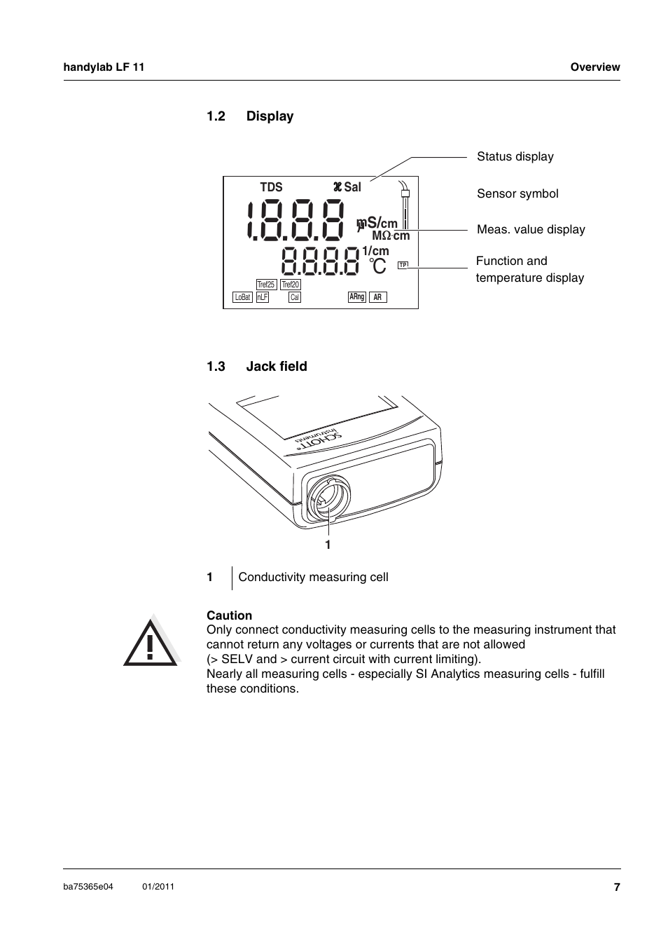 2 display, 3 jack field, Display | Jack field | Xylem handylab LF 11 User Manual | Page 7 / 44