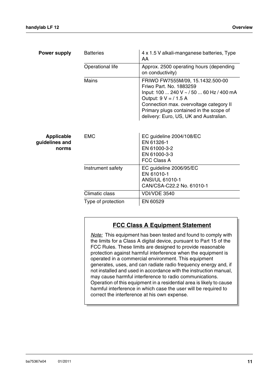 Fcc class a equipment statement | Xylem handylab LF 12 User Manual | Page 11 / 64