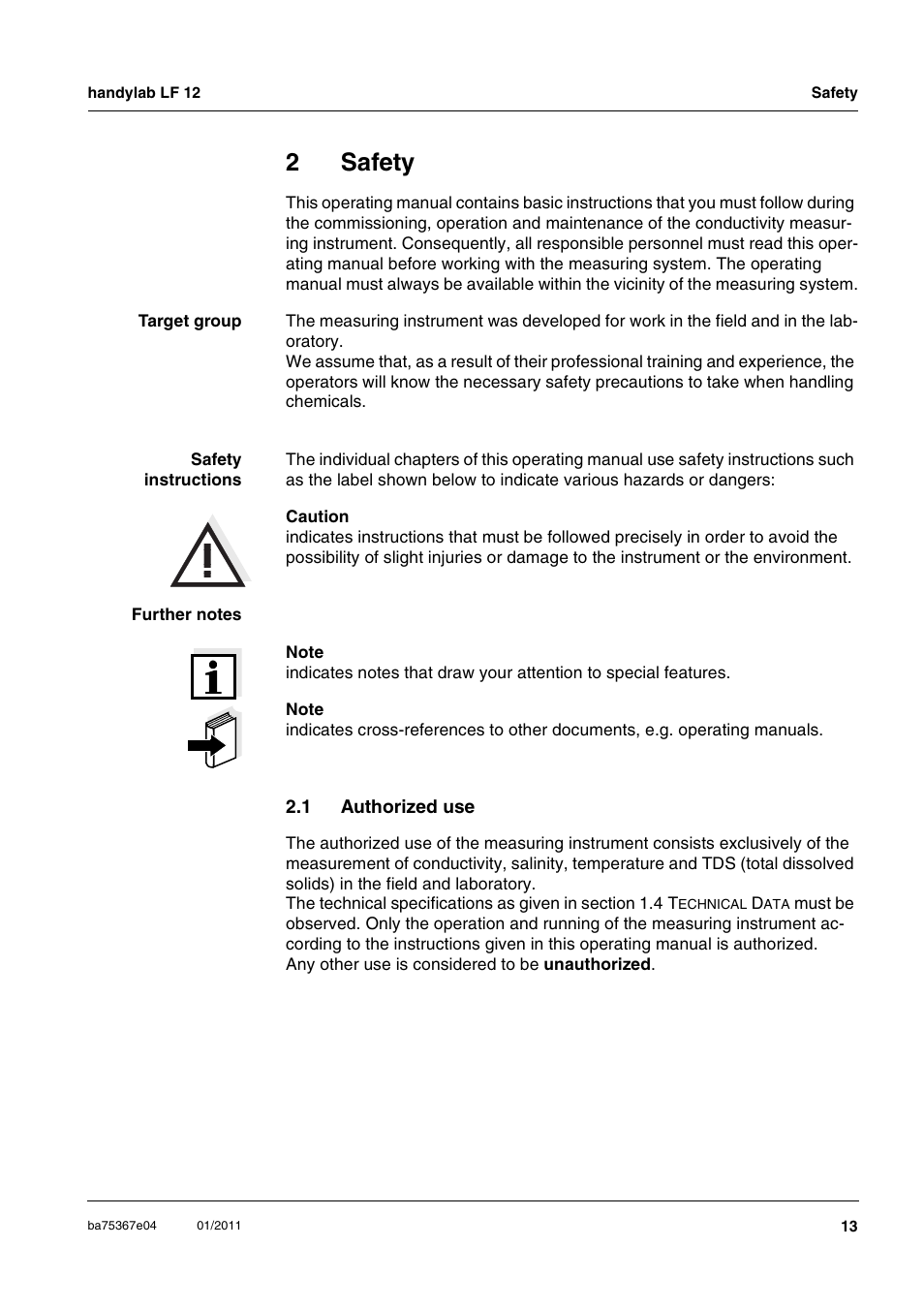 2 safety, 1 authorized use, Safety | Authorized use, 2safety | Xylem handylab LF 12 User Manual | Page 13 / 64