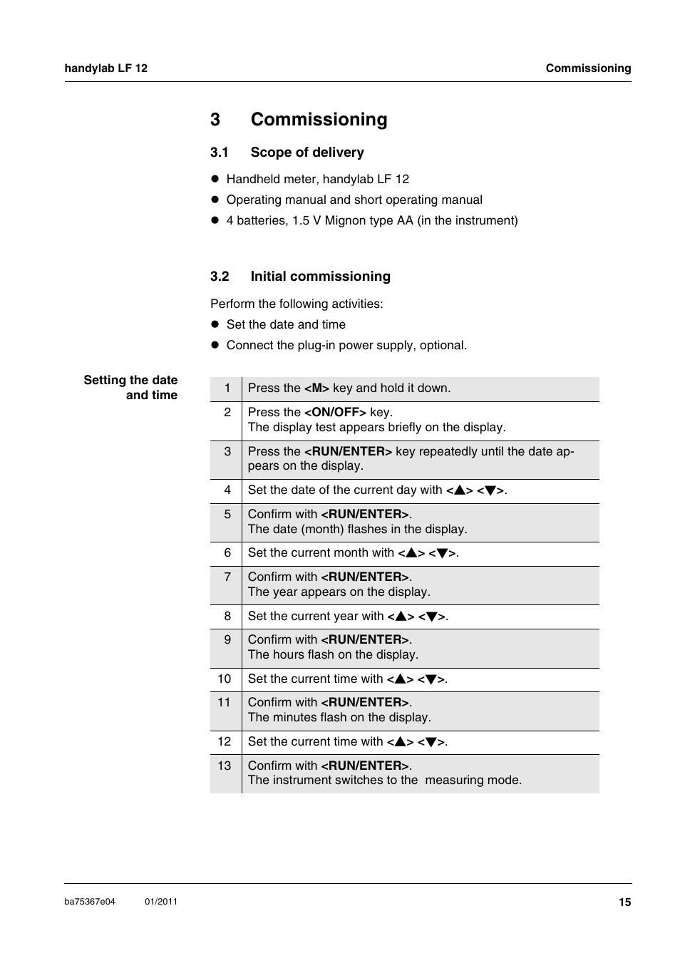 3 commissioning, 1 scope of delivery, 2 initial commissioning | Commissioning, Scope of delivery, Initial commissioning, 3commissioning | Xylem handylab LF 12 User Manual | Page 15 / 64