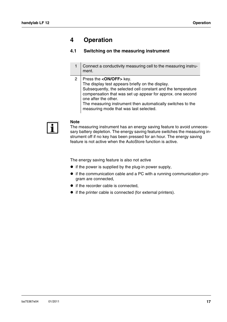 4 operation, 1 switching on the measuring instrument, Operation | Switching on the measuring instrument, 4operation | Xylem handylab LF 12 User Manual | Page 17 / 64