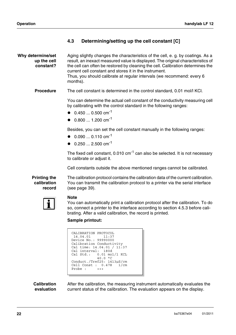 3 determining/setting up the cell constant [c, Determining/setting up the cell constant [c, Section 4.3 | Xylem handylab LF 12 User Manual | Page 22 / 64