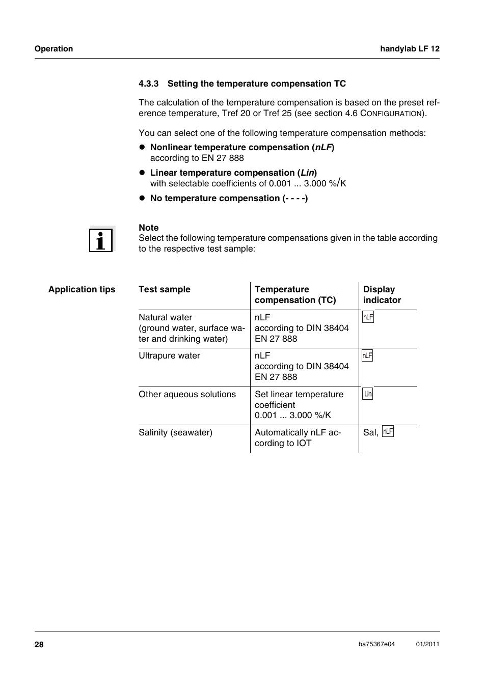 3 setting the temperature compensation tc, Setting the temperature compensation tc, Ee section 4.3.3 s | Etting, Temperature, Compensation | Xylem handylab LF 12 User Manual | Page 28 / 64