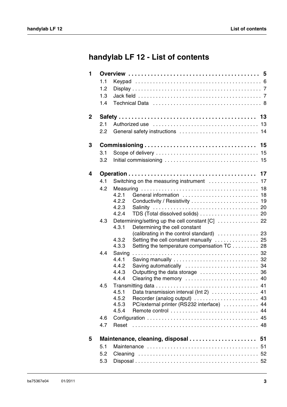 Handylab lf 12 - list of contents | Xylem handylab LF 12 User Manual | Page 3 / 64