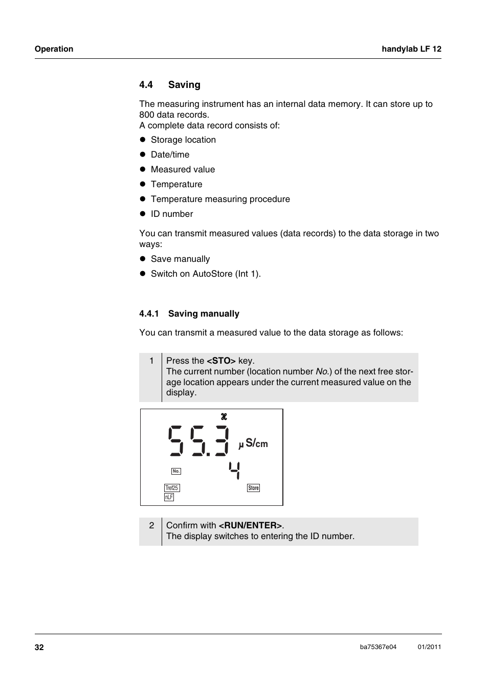 4 saving, 1 saving manually, Saving 4.4.1 | Saving manually | Xylem handylab LF 12 User Manual | Page 32 / 64