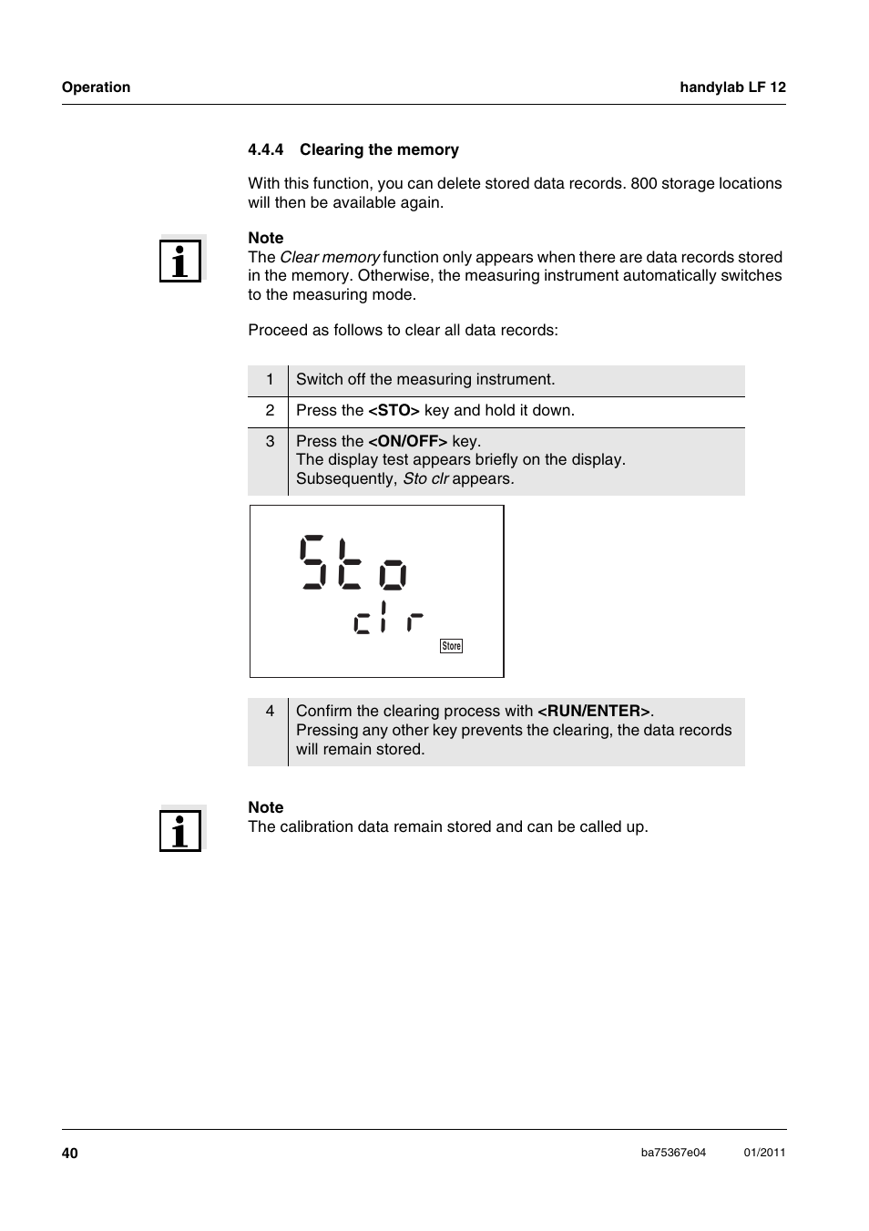 4 clearing the memory, Clearing the memory, S t o | Xylem handylab LF 12 User Manual | Page 40 / 64