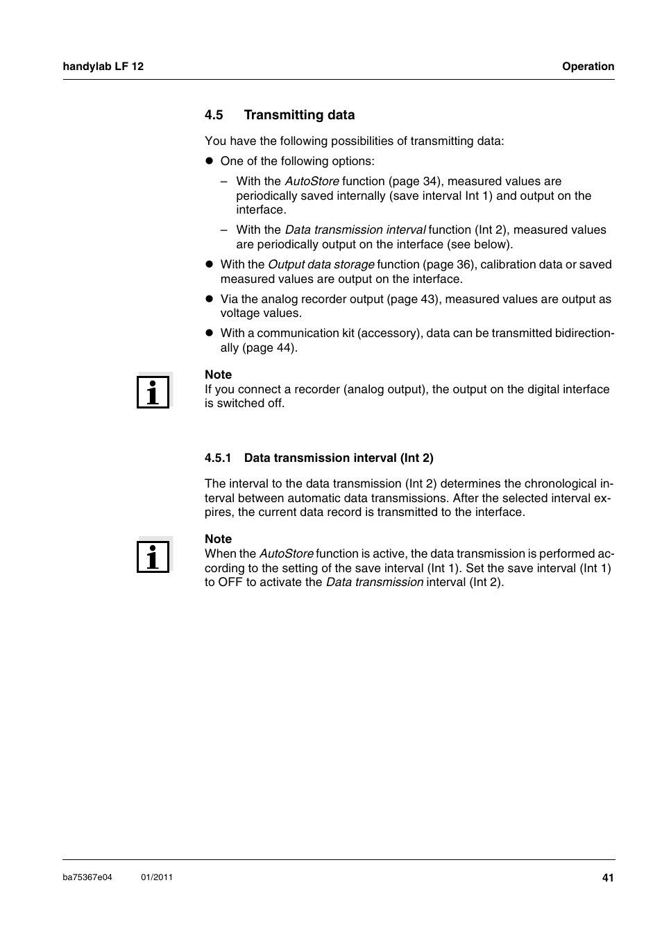 5 transmitting data, 1 data transmission interval (int 2), Transmitting data 4.5.1 | Data transmission interval (int 2) | Xylem handylab LF 12 User Manual | Page 41 / 64