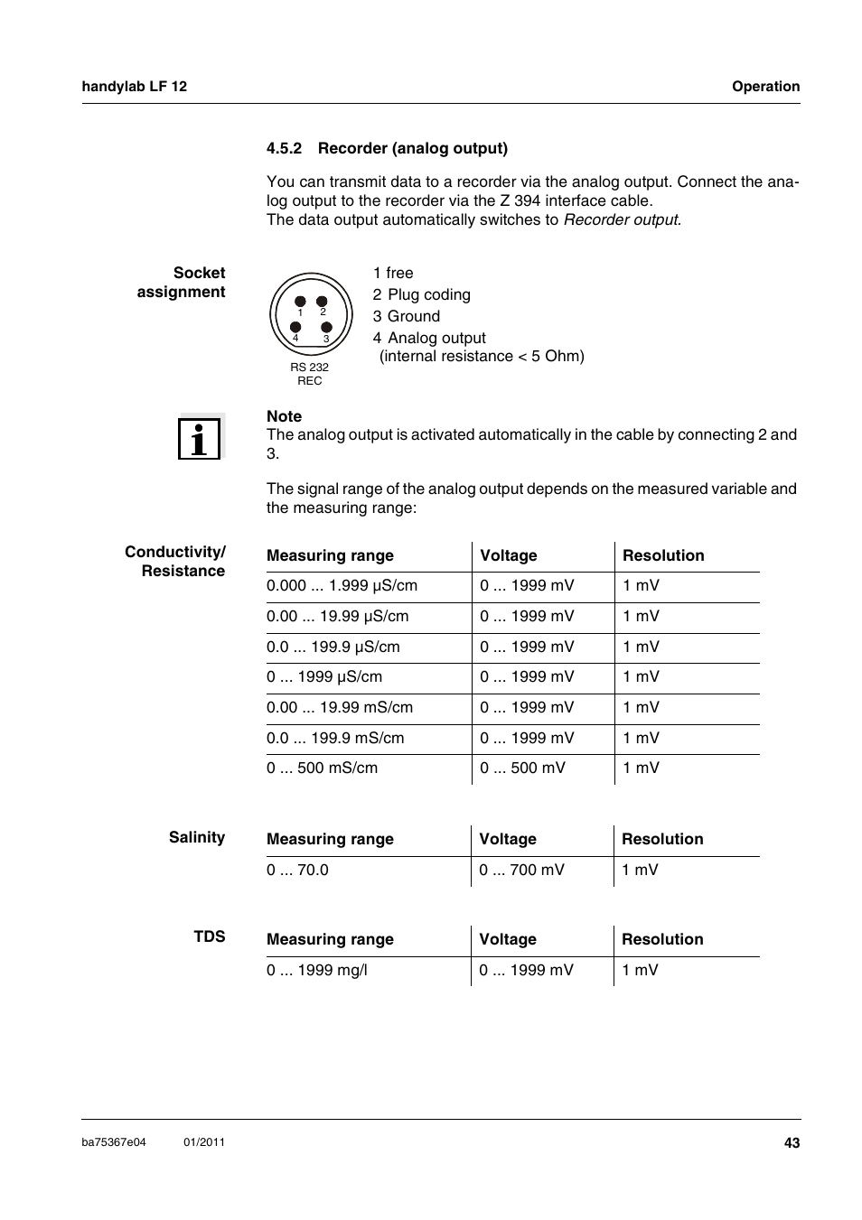 2 recorder (analog output), Recorder (analog output) | Xylem handylab LF 12 User Manual | Page 43 / 64