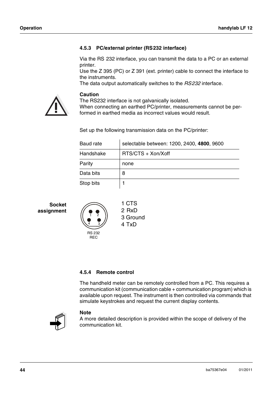 3 pc/external printer (rs 232 interface), 4 remote control, Pc/external printer (rs232 interface) | Remote control, 1 cts 2 rxd 3 ground 4 txd | Xylem handylab LF 12 User Manual | Page 44 / 64