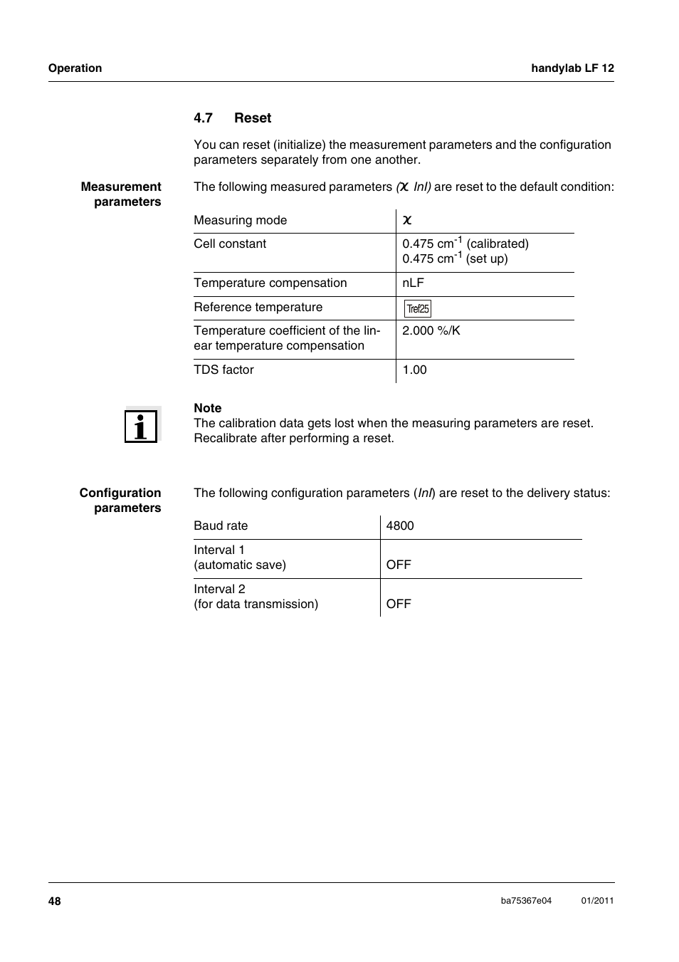 7 reset, Reset | Xylem handylab LF 12 User Manual | Page 48 / 64