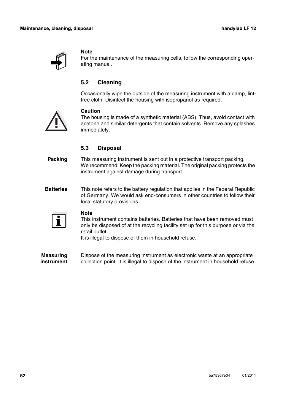 2 cleaning, 3 disposal, Cleaning | Disposal | Xylem handylab LF 12 User Manual | Page 52 / 64