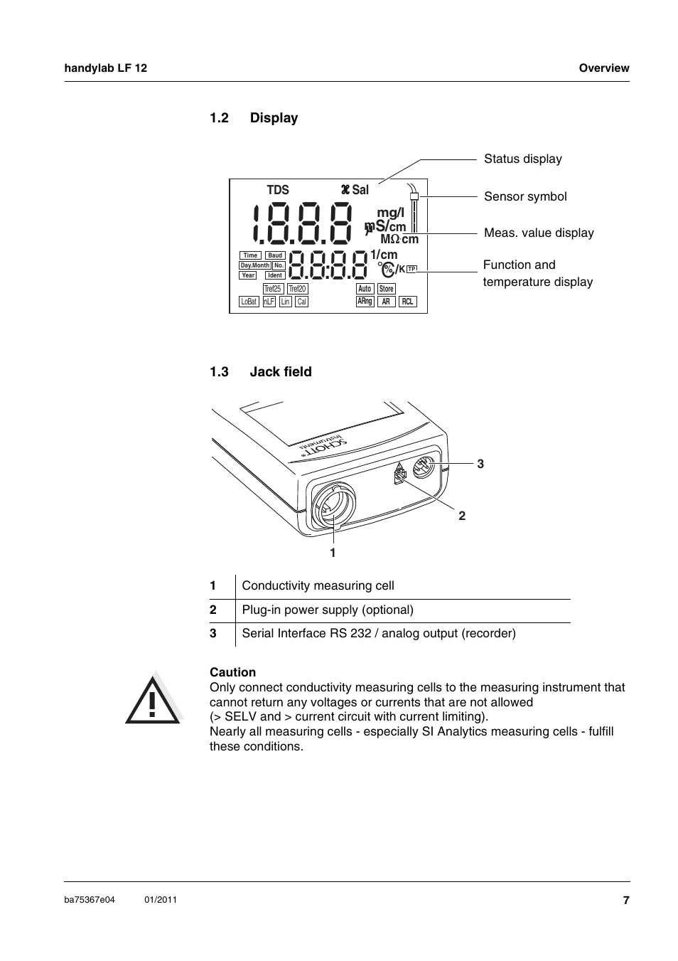 2 display, 3 jack field, Display | Jack field | Xylem handylab LF 12 User Manual | Page 7 / 64