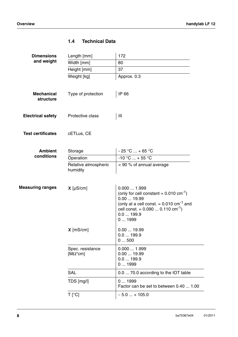 4 technical data, Technical data | Xylem handylab LF 12 User Manual | Page 8 / 64