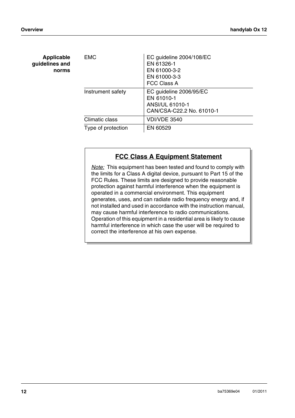 Fcc class a equipment statement | Xylem handylab OX 12 User Manual | Page 12 / 60