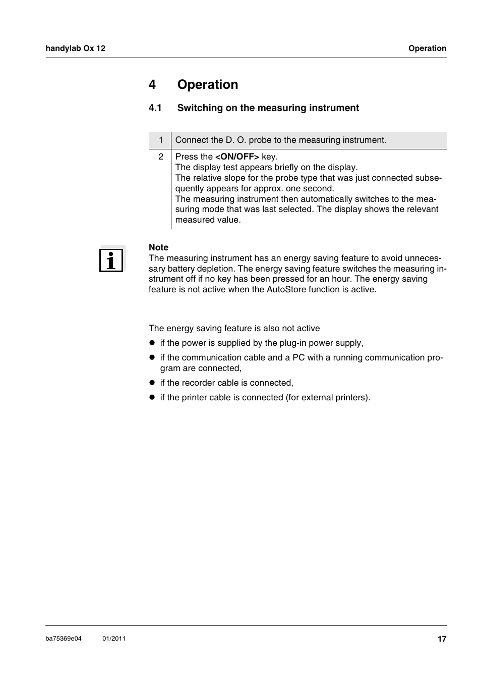 4 operation, 1 switching on the measuring instrument, Operation | Switching on the measuring instrument, 4operation | Xylem handylab OX 12 User Manual | Page 17 / 60