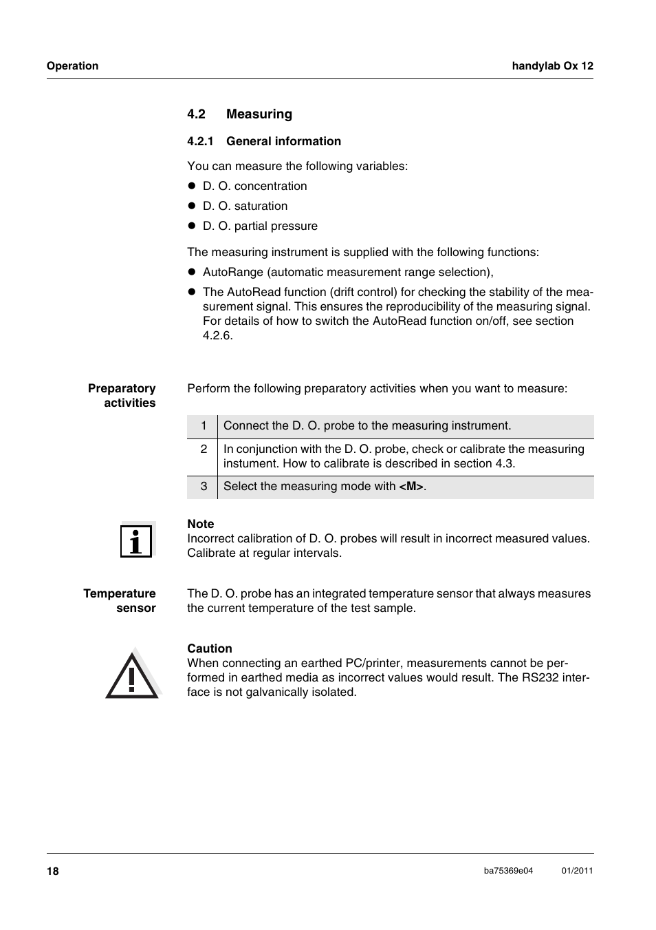 2 measuring, 1 general information, Measuring 4.2.1 | General information | Xylem handylab OX 12 User Manual | Page 18 / 60