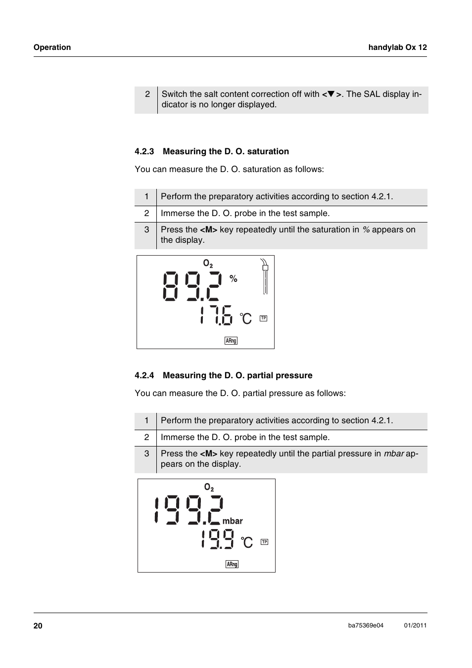 3 measuring the d. o. saturation, 4 measuring the d. o. partial pressure, Measuring the d. o. saturation | Measuring the d. o. partial pressure | Xylem handylab OX 12 User Manual | Page 20 / 60