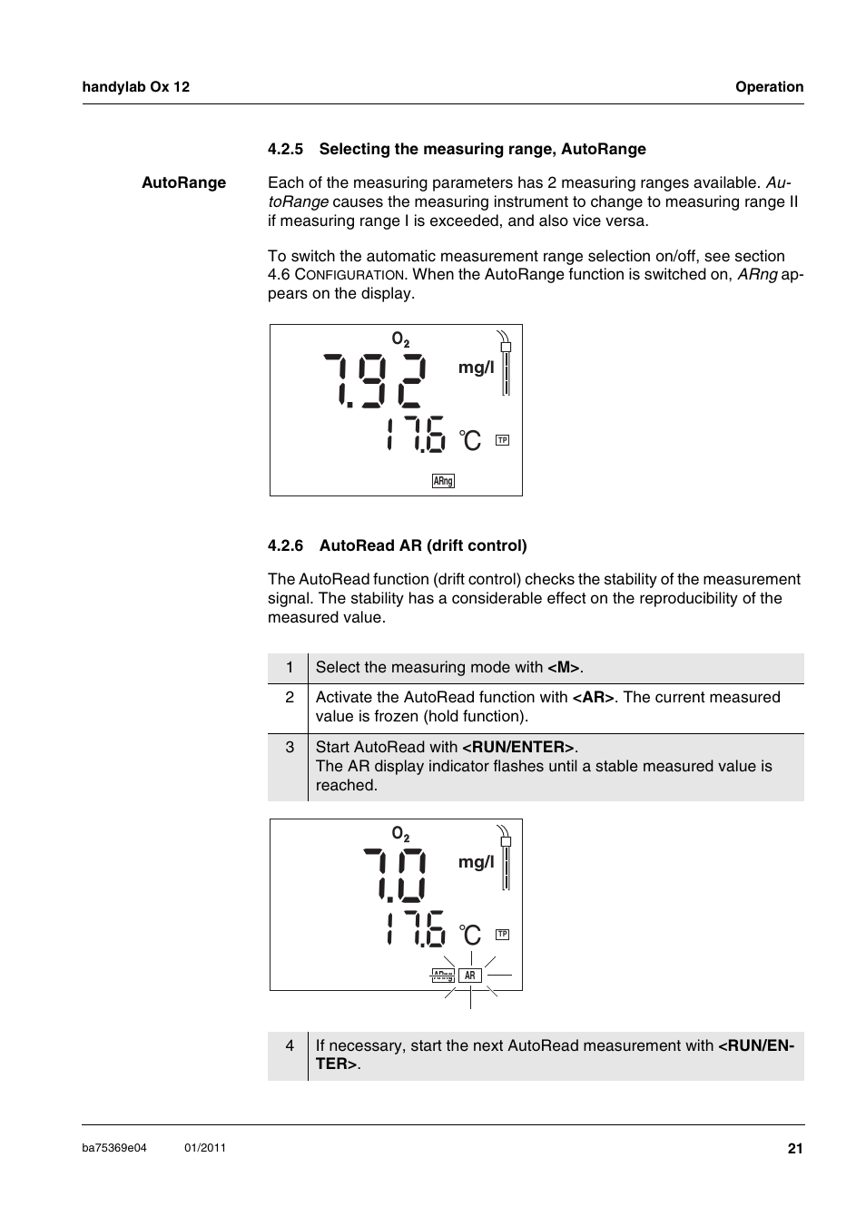 5 selecting the measuring range, autorange, 6 autoread ar (drift control), Selecting the measuring range, autorange | Autoread ar (drift control) | Xylem handylab OX 12 User Manual | Page 21 / 60