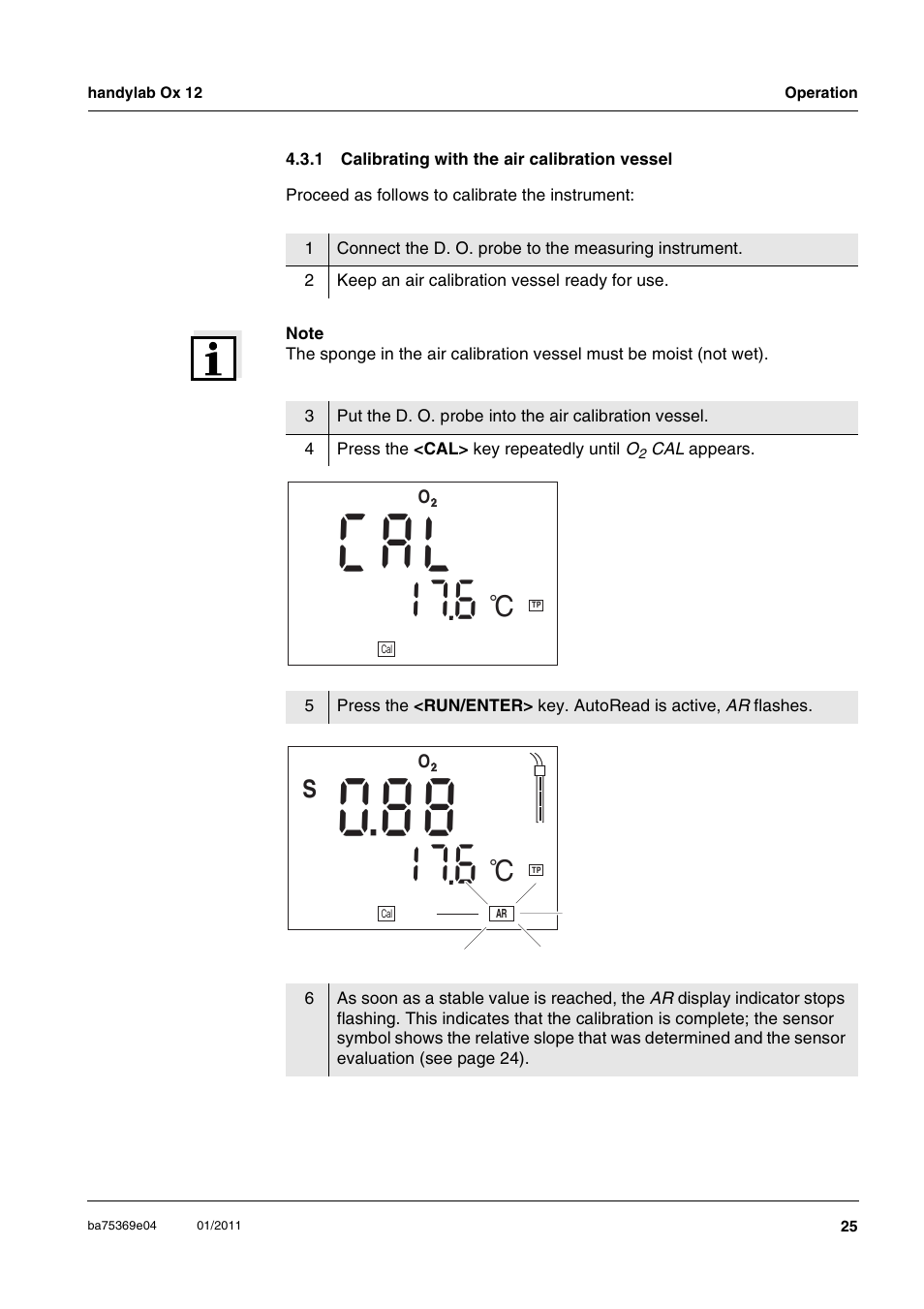 1 calibrating with the air calibration vessel, Calibrating with the air calibration vessel, A l c | Xylem handylab OX 12 User Manual | Page 25 / 60