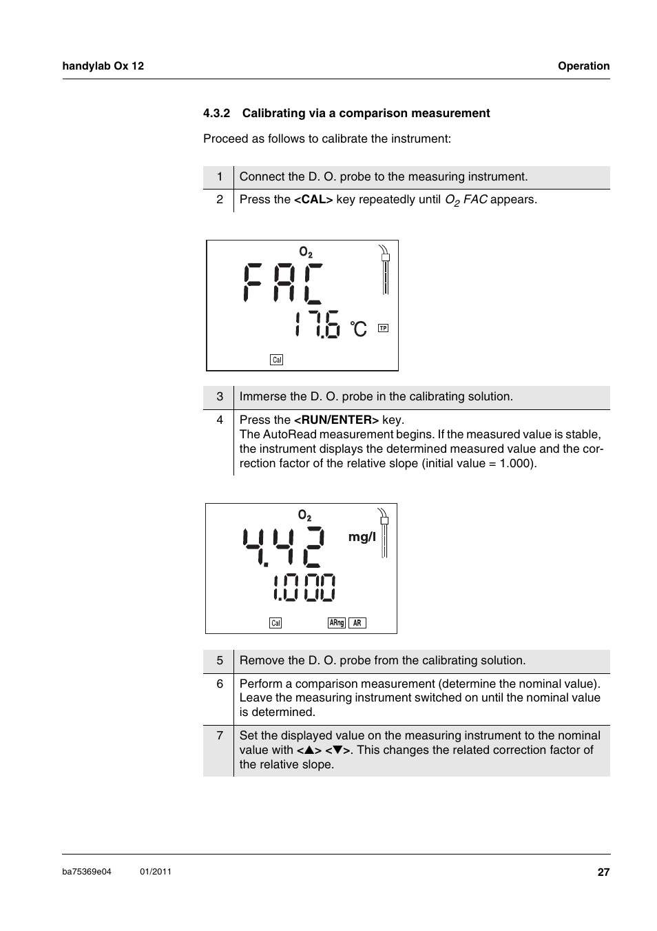 2 calibrating via a comparison measurement, Calibrating via a comparison measurement | Xylem handylab OX 12 User Manual | Page 27 / 60