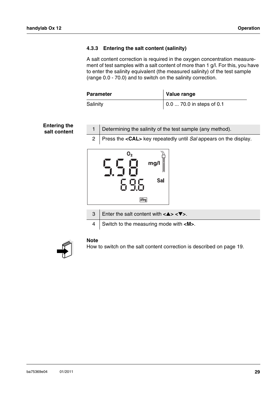 3 entering the salt content (salinity), Entering the salt content (salinity), Sec- tion 4.3.3 e | Ntering, Salt, Content, Salinity, Ee section 4.3.3) | Xylem handylab OX 12 User Manual | Page 29 / 60