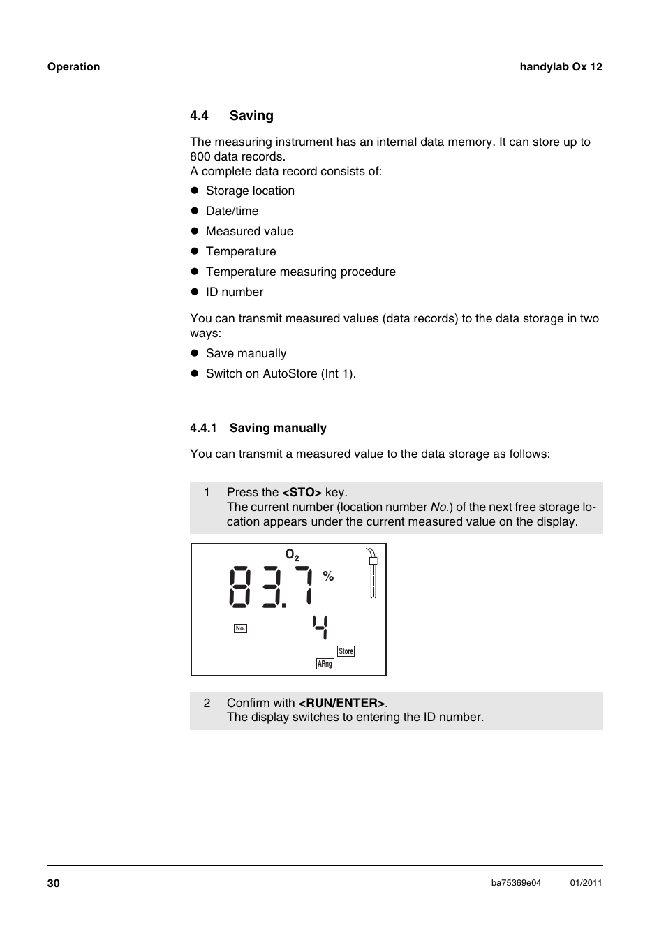 4 saving, 1 saving manually, Saving 4.4.1 | Saving manually | Xylem handylab OX 12 User Manual | Page 30 / 60