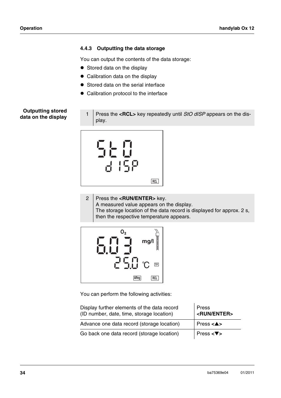 3 outputting the data storage, Outputting the data storage, S t o | D i s | Xylem handylab OX 12 User Manual | Page 34 / 60