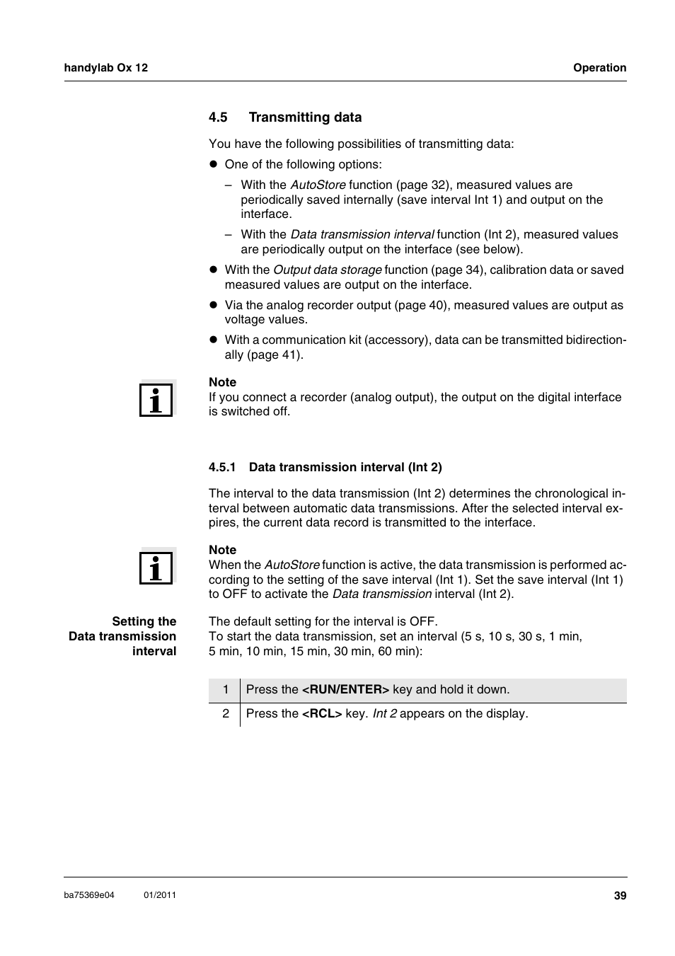 5 transmitting data, 1 data transmission interval (int 2), Transmitting data 4.5.1 | Data transmission interval (int 2) | Xylem handylab OX 12 User Manual | Page 39 / 60