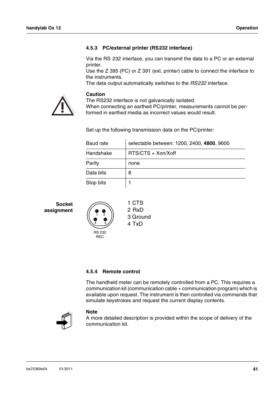 3 pc/external printer (rs 232 interface), 4 remote control, Pc/external printer (rs232 interface) | Remote control, 1 cts 2 rxd 3 ground 4 txd | Xylem handylab OX 12 User Manual | Page 41 / 60