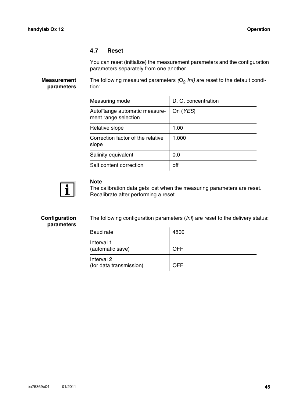 7 reset, Reset | Xylem handylab OX 12 User Manual | Page 45 / 60