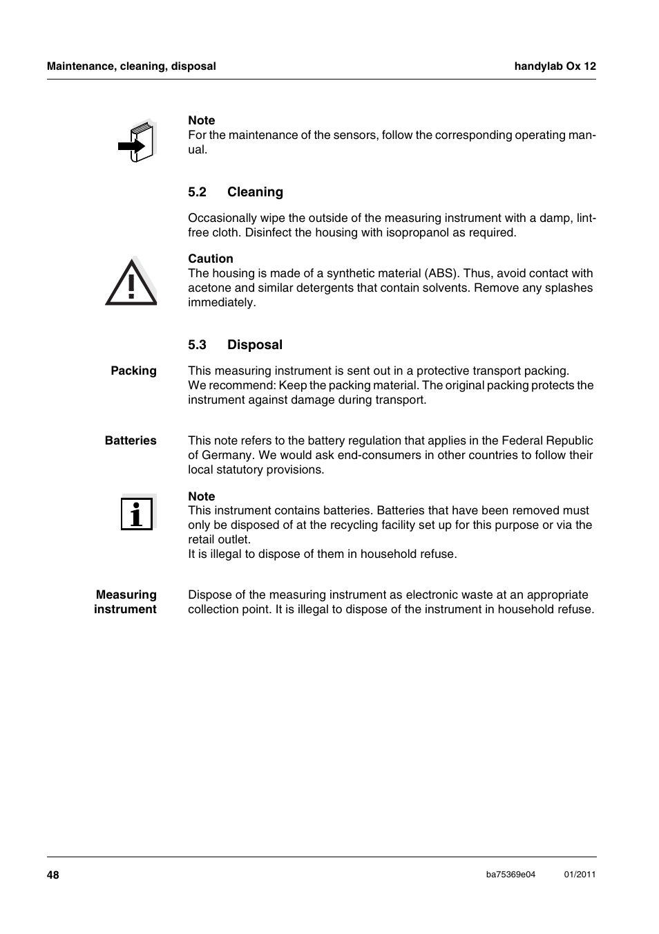 2 cleaning, 3 disposal, Cleaning | Disposal | Xylem handylab OX 12 User Manual | Page 48 / 60