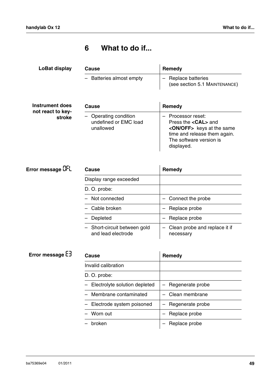 6 what to do if, What to do if, Chapter 6 w | 6what to do if | Xylem handylab OX 12 User Manual | Page 49 / 60