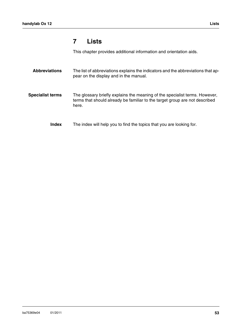 7 lists, Lists, 7lists | Xylem handylab OX 12 User Manual | Page 53 / 60