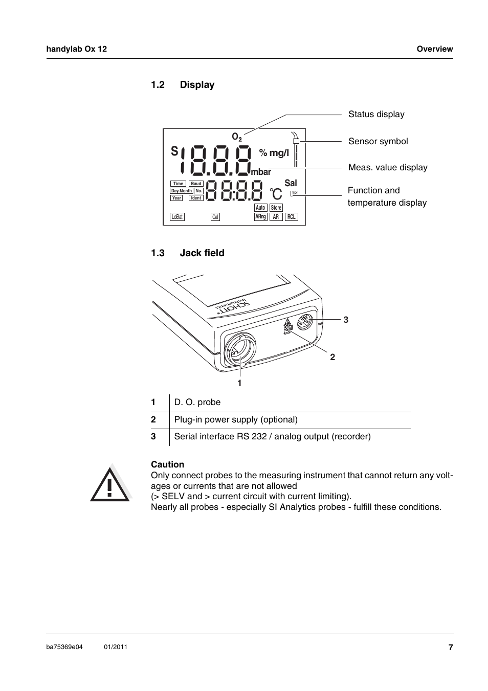 2 display, 3 jack field, Display | Jack field | Xylem handylab OX 12 User Manual | Page 7 / 60